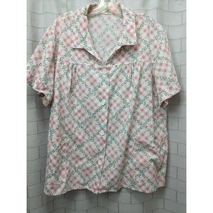 VTG Camp Shirt Pink Gingham Check and Roses Ladies sz L Button Front Grannycore